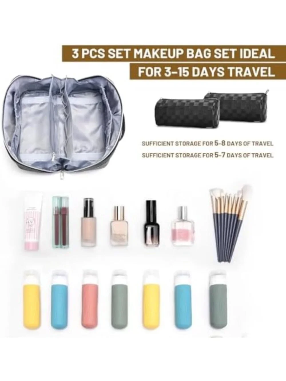 Large Travel Makeup Bag Set - 3 Pcs Cosmetic Organizer for Women, Stylish